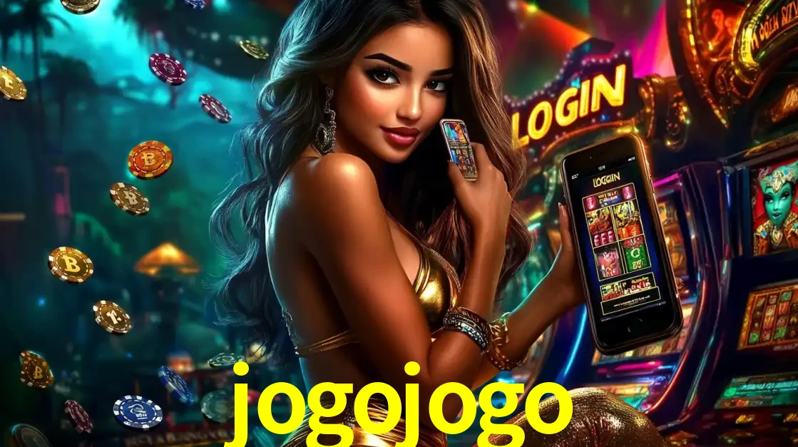 Mulher em um cenário de cassino temático de aventura, mostrando o app de caça-níqueis da jogojogo no celular. Fichas de apostas flutuam ao redor.