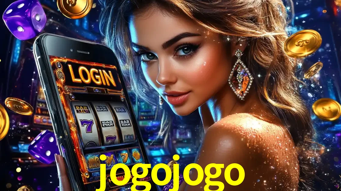 Mulher glamorosa segurando um smartphone com a tela de login para os jogos de caça-níqueis do cassino online jogojogo, com moedas de ouro e dados ao redor.